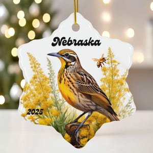 Nebraska State Bird Ornament: Western Meadowlark, Goldenrod, Honeybee