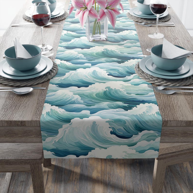 Wave Table Runner Pattern Japanese Ocean Wave Table Runner: Coastal Nautical Decor - Etsy