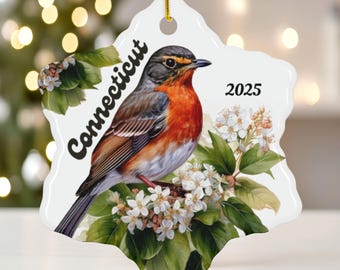Connecticut Christmas Ornament 2025: State Bird and Flower Ceramic Decor