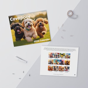 Cavapoo 2026 Wall Calendar, Dog Art Monthly Planner, Hanging Spiral Calendar