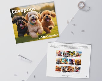 Cavapoo 2026 Wall Calendar, Dog Art Monthly Planner, Hanging Spiral Calendar