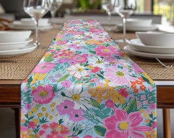 Floral Table Runner: Bright Botanical Blooms, Cottagecore Spring Decor