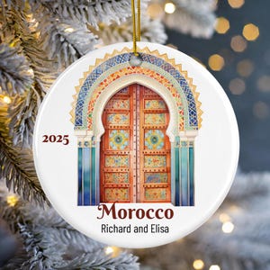Morocco 2025 Christmas Ornament | Personalized Travel Keepsake | Moroccan Door Souvenir Gift | Colorful Ceramic Ornament for Couples