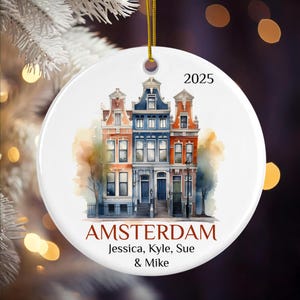 Personalized Amsterdam Matte Ceramic Ornament 2025 - Dutch Canal Houses - Custom Christmas Keepsake, Europe Travel Gift