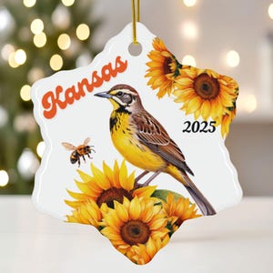 Kansas Christmas Ornament 2025: Sunflower & Meadowlark Ceramic Decor