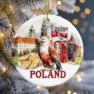 Poland Ornament 2025 | Personalized Year | Ceramic Travel Keepsake | White Eagle, Pierogi, Accordion Scene