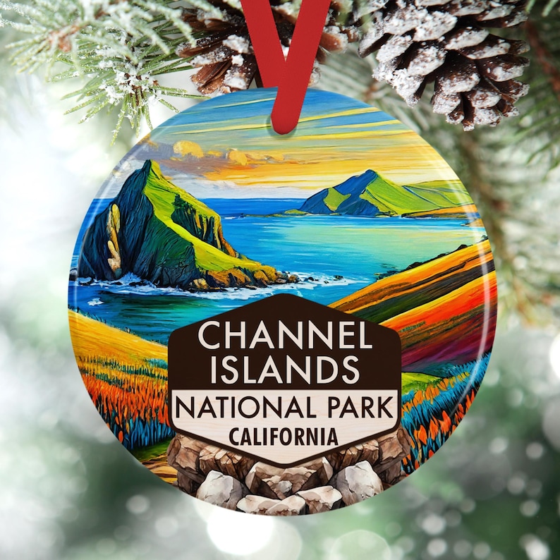 Channel Islands National Park ornament featuring vibrant ocean cliffs, turquoise water, and golden hills. Available in ceramic or double-sided acrylic with a red ribbon. A colorful coastal holiday gift for beach lovers and national park fans.