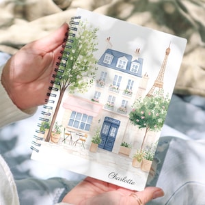 Quaderno personalizzato Paris Café, diario a spirale floreale della Torre Eiffel con cancelleria da viaggio personalizzata con nome