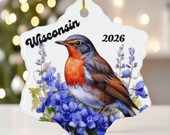 Wisconsin Ceramic Snowflake Ornament, Robin State Bird and Wood Violet, Glossy Finish, Custom Year