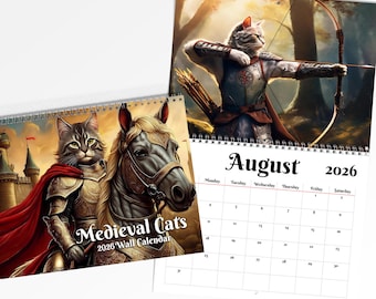 Medieval Cats 2026 Wall Calendar, Large Art Print Monthly Planner, Hanging Spiral Calendar