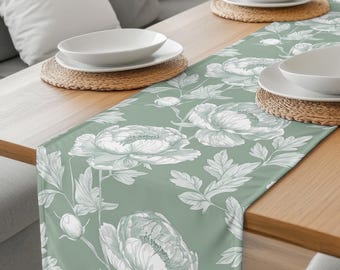 Sage Green Peony Table Runner: Vintage Floral Farmhouse Decor