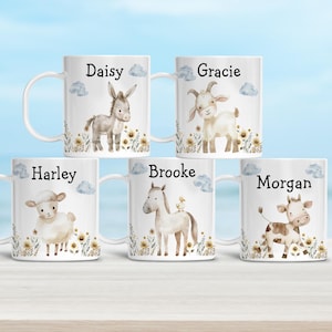 Personalized Kids Farm Animal Mug - Custom Name 11 oz Cup with Cute Donkey, Cow, Horse, Goat, and Sheep Designs - Fun Gift for Kids