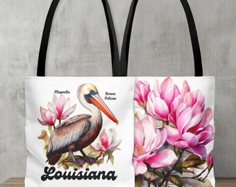 Louisiana State Bird & Flower Tote Bag: Reversible Pelican Magnolia Design