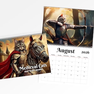 Mittelalterlicher Katzen 2026 Wandkalender, Fantasy Katzen Kunst Geschenk für Katzenliebhaber, Ritter Katzen Dekor, wunderlicher Katzenkalender, Spiralbindung