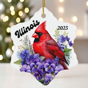 Adorno navideño de Illinois 2025, decoración de cerámica con forma de copo de nieve, pájaro y flor del estado, regalo de recuerdo de cardenal y violeta con envío gratis