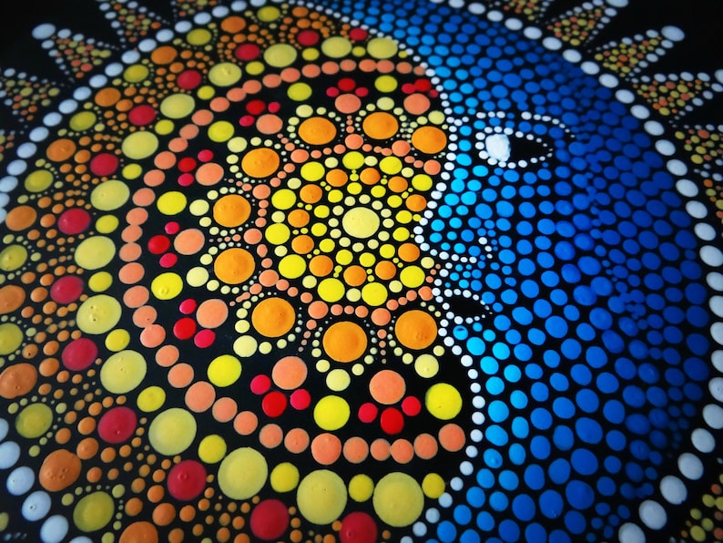 Round dot painting sun and moon art work dot art | Etsy