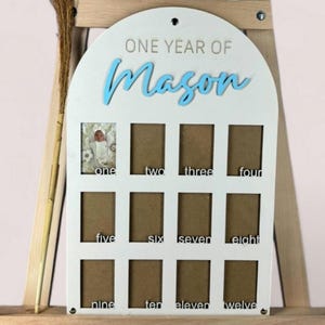 Tablero de fotos de madera para el primer cumpleaños, tablero de hitos, decoraciones para el primer cumpleaños de una niña, pancarta con fotos de los 12 meses, tablero con fotos de un año