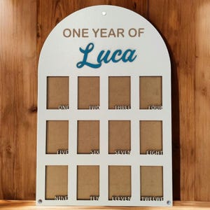 Tablero de fotos de madera, tablero de fotos de un año, tablero de hitos, tablero de primer cumpleaños, decoraciones para el primer cumpleaños de niña, pancarta con fotos de 12 meses