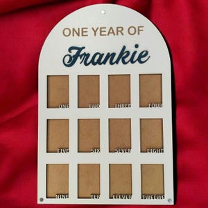 Tablero de fotos de madera, tablero de fotos de un año, tablero de hitos, tablero de primer cumpleaños, decoraciones para el primer cumpleaños de niña, pancarta con fotos de 12 meses