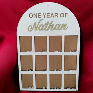 Tablero de fotos de un año, pancarta de fotos de 12 meses, tablero de fotos de madera, tablero de hitos, tablero de primer cumpleaños, decoraciones para el primer cumpleaños de niña
