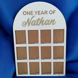 Tablero de fotos del primer cumpleaños, tablero de fotos de un año, pancarta con fotos de 12 meses, tablero de fotos de madera, tablero de hitos, decoraciones para el primer cumpleaños de niña