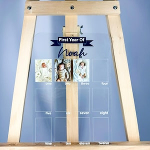 Tablero de madera de un año, tablero de fotos de un año, tablero de hitos, tablero de primer cumpleaños, decoraciones para el primer cumpleaños de niña, pancarta con fotos de 12 meses