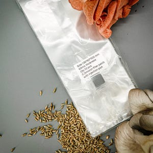 Könnte beinhalten: Ein klarer Plastikbeutel mit einem Etikett mit der Aufschrift "Size: 100*80*500 mm, 60mic thickness, Qty: 10 pcs, 0.2micron filter patch with injection port." Der Beutel ist von braunen Körnern und rosa und grauen Pilzen umgeben.