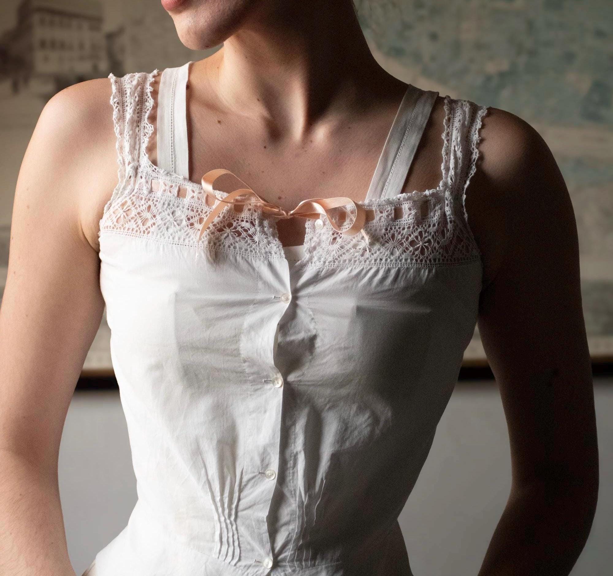 Antique Edwardian Victorian 1910 Corset Cover Camisole with Pink Ribbons.