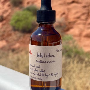 May include: A brown glass bottle with a dropper top and a label that reads "Wild Lettuce tincture lactuca virosa". The label also includes instructions for use: "Hart's used aerial 1/2 (plant vodka) macerated 40 days & 40 nights.  Simply shaken daily."