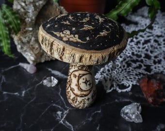 Handmade Toadstool Whimsical Woodland Fairycore Woodburned Mushroom Decor with Magical Moon and Forestcore Botanicals