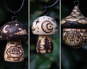 Whimsical Mushroom and Acorn Wooden Fairy Folk Woodland Necklaces