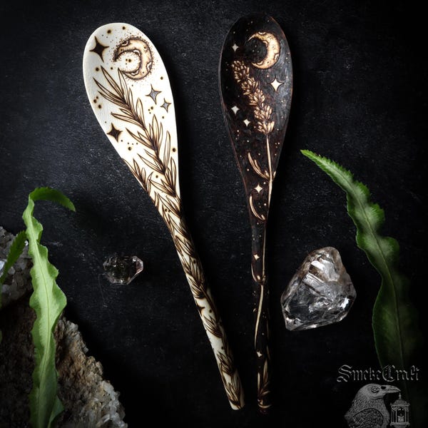 Rustic Handmade decorative Woodburned Rosemary and Lavender Wooden Kitchen Decor Witch Spoons