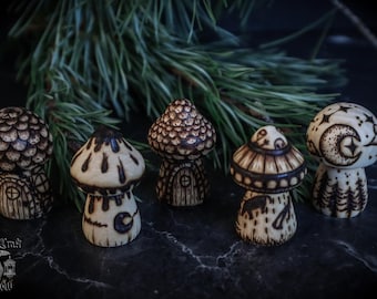 Woodburned Folklore Mushroom Toadstool Figurine Shelf Decor