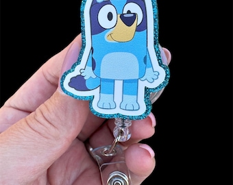 Blue Pup Inspired Glitter Badge reel, RN Badge Reel, Teacher Badge Reel, Blue Badge Reel, Glitter Badge Reel. Retractable Badge Reel.