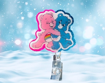 Cute Bear Inspired Badge Reel, Pink & Blue care badge reel, Friend Care bear badge reel, RN badge reel, Love badge reel, Retractable Badge.