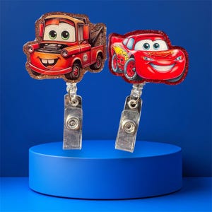 Inspired by Cars McQueen and Mater Badge Reel, Race Car Badge Reel, Friend badge reel, Work Badge Reel, ID Holders, Retractable Badge.