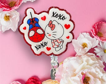 Kitty Kissing Spider Valentine badge reel, Love badge reel, RN badge reel, Cute badge reel, Teacher Badge Reel, Retractable Badge Reel.