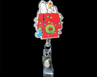 Beagle Christmas House Badge reel, holiday badge reel, Inspired by Snoopy badge reel, Perfect gift, retractable badge.