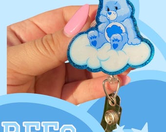 Cute Care Bear Inspired Badge Reel,  Blue Bear on Cloud Badge, RN Badge Reel, Blue Badge reel, Cute Bear Badge Reel, Retractable Badge Reel