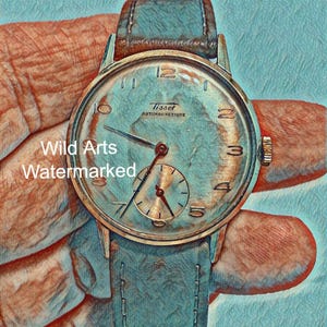 Une montre-bracelet antimagnétique Tissot vintage des années 1960 en or évoquant le luxe horloger suisse conçue pour votre art mural ou votre art numérique.