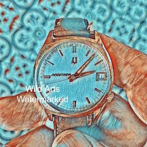 May include: A vintage Accutron watch with a blue face and silver hands. The watch is on a brown leather band and is being held by a hand.