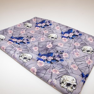 Chick Gothic Skull and Roses Halloween PUL Cotton Woven Fabric Ready to Ship Double Brushed Spider web floral skelton Gray and pink