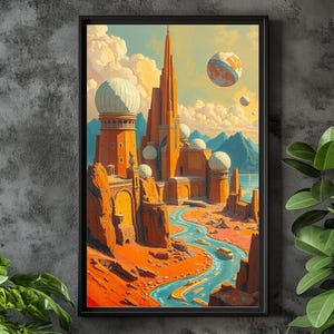 Retro Futuristic Alien City | Sci-Fi Fantasy Wall Art | Colorful Space Age Landscape | Visionary Home Decor Print