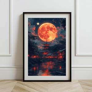 Enchanting Japanese Temple Nightscape Painting – Perfect Wall Art for Japan Enthusiasts ,Japanese-Inspired Wall Art , japanese village