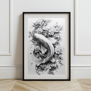 Pintura de pez koi en blanco y negro, arte de estilo japonés para amantes del zen y el equilibrio, estilo japonés, arte de pared, impresión de póster japonés tradicional
