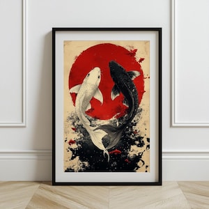 Yin and Yang Koi Fish Painting ,Japanese Style Art for Zen & Balance Lovers japanese style ,wall art , traditional japanese poster print