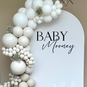 May include: A white arched backdrop with the text "BABY Mooney" and "Bonnie Bobo Balloons". A balloon garland in white and light gray decorates the left side and top of the backdrop, with small floral accents.