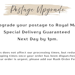 May include: White background with text that reads "Postage Upgrade". The text below states "Upgrade your postage to Royal Mail Special Delivery Guaranteed Next Day by 1pm."