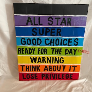 May include: A colorful wooden sign with a black top and rainbow-colored sections. Each section has a different phrase in black text: "ALL STAR", "SUPER", "GOOD CHOICES", "READY FOR THE DAY", "WARNING", "THINK ABOUT IT", and "LOSE PRIVILEGE". A pink paperclip is attached.