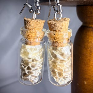 Può includere: Un paio di orecchini pendenti con piccole boccette di vetro trasparente riempite di pelle di serpente testurizzata color bianco sporco. Ogni boccetta è sigillata con un tappo di sughero marrone chiaro e fissata a un gancio in metallo argentato.